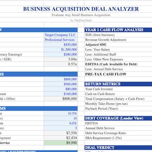 May include: A business acquisition deal analyzer spreadsheet with financial data. The document includes sections for deal overview, deal structure, financing terms, and return metrics. Key figures such as asking price, revenue, and cash flow are displayed.