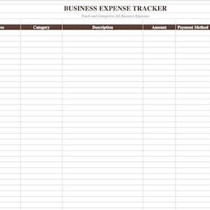 May include: A business expense tracker template with a grid layout. The top section features the title "BUSINESS EXPENSE TRACKER" and the subtitle "Track and Categorize All Business Expenses." Columns include Date, Vendor/Payee, Category, Description, Amount, Payment Method, Tax Ded., and Notes.