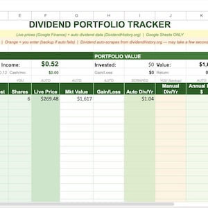 Seguimiento de cartera de dividendos / Panel de control automático de acciones y DRIP (plantilla de Hojas de cálculo de Google)