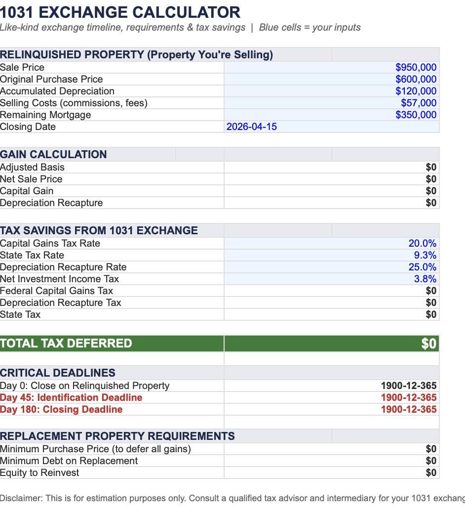 1031 Exchange Calculator Spreadsheet | Real Estate Tax Deferred ...
