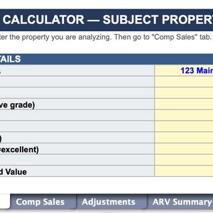 May include: A screenshot of an ARV (After Repair Value) calculator for a subject property. The calculator displays property details including address, number of bedrooms, bathrooms, square footage (1,500 sq ft), lot size (6,000 sq ft), year built (1985), and estimated value ($250,000).