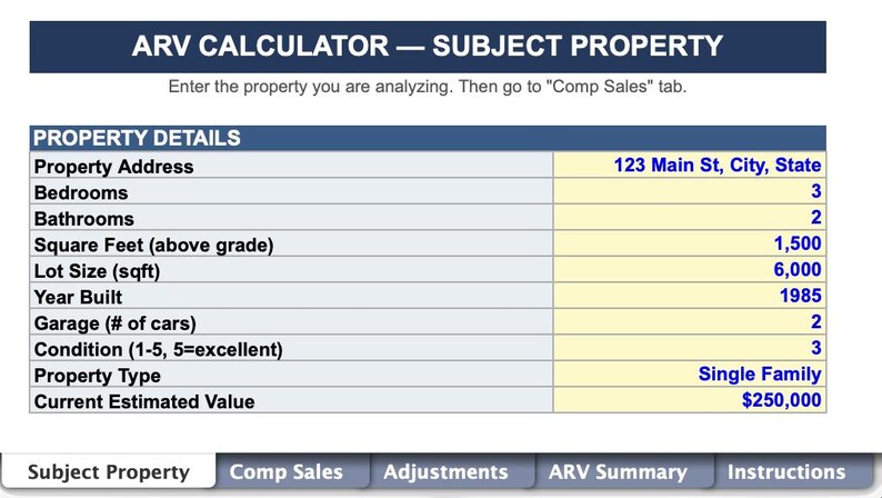 ARV Calculator Spreadsheet | Real Estate Investor Comp Analysis Tool ...