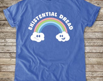 Maglietta con tema "Dread esistenziale", colori rilassanti, stile vintage, maglietta divertente