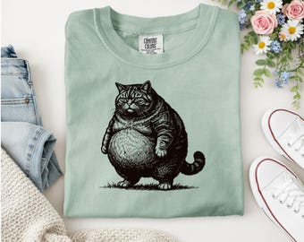 Divertente maglietta con gatto grasso, maglietta con gatto sovrappeso, t-shirt vintage, colori comodi