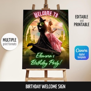 May include: A birthday welcome sign featuring a green-skinned witch and a princess. The sign reads "Welcome to Eleanora's Birthday Party!" in a neon green font. The sign is on an easel with the words "Editable and Printable".