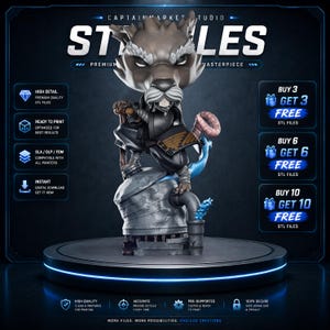 May include: A 3D digital figurine of a stylized anthropomorphic rat character wearing dark samurai-inspired armor, standing atop a metallic industrial pipe base. The character features large ears, a white mustache, and a long pink tail.