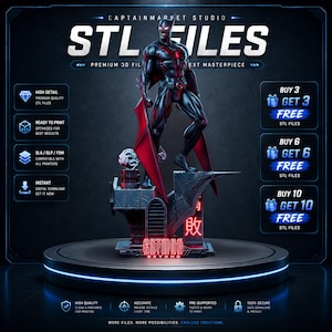 Pode incluir: Uma estátua detalhada de Batman Beyond em preto e vermelho sobre uma plataforma circular. A estátua está sobre uma base com o texto "Batman Beyond". A imagem inclui o texto "STL FILES" e "Premium 3D Files".