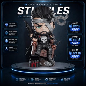 May include: A stylised 3D character figurine featuring a bearded figure with a white headband, wearing a black tactical outfit with a skull emblem on the chest. The figure sits in a brown chair, holding a rifle, with a small black case at its feet.