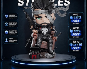 Punisher Chibi STL Statue | Frank Castle Tactical Throne Display Figure | Marvel 3D Print Model