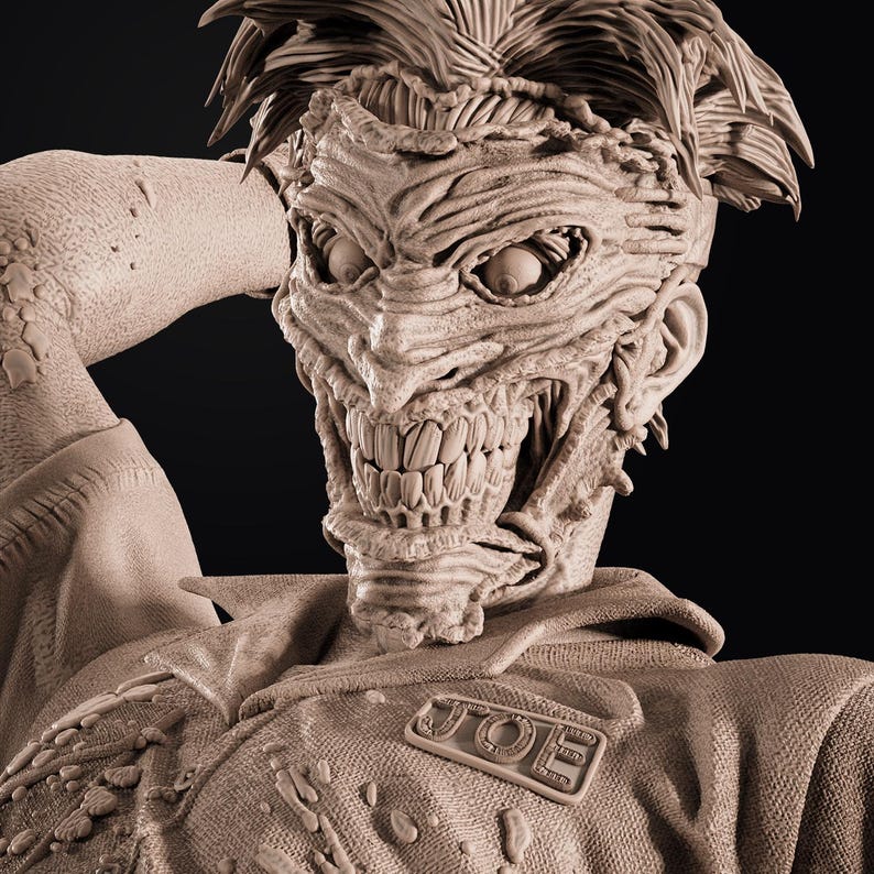 May include: A detailed sculpture of a character with a grotesque, exaggerated face, featuring a wide, unsettling grin and wild hair. The figure wears a textured jacket with a "JOE" name tag. The overall design has a gritty, textured appearance.