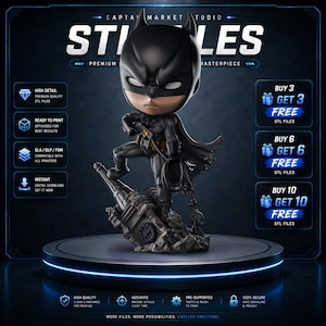 May include: A 3D digital model of a stylized Batman character standing on a gothic building rooftop base. The figure wears a black suit with a cape, utility belt, and mask. Text includes CAPITAL MARKET STUDIO, STYLES, and various promotional offers.