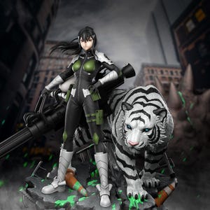 May include: A detailed figurine of a female character in a black and green jumpsuit, standing next to a white tiger with black stripes. The figure is posed on a rubble base with a large weapon. The background features a cityscape.