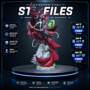 May include: A digital 3D model of the character Spawn featuring a black suit with a white emblem, a flowing red cape, and silver chains. The figure stands atop a white stone angel statue base. Text includes CAPTAINMARKET STUDIO STL FILES.
