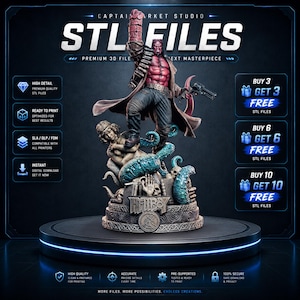Può includere: Modello 3D dettagliato di Hellboy, un demone rosso, con una pistola. La figura è su una base con teschi e tentacoli. L'immagine include il testo "STL FILES" e offerte promozionali per file digitali.