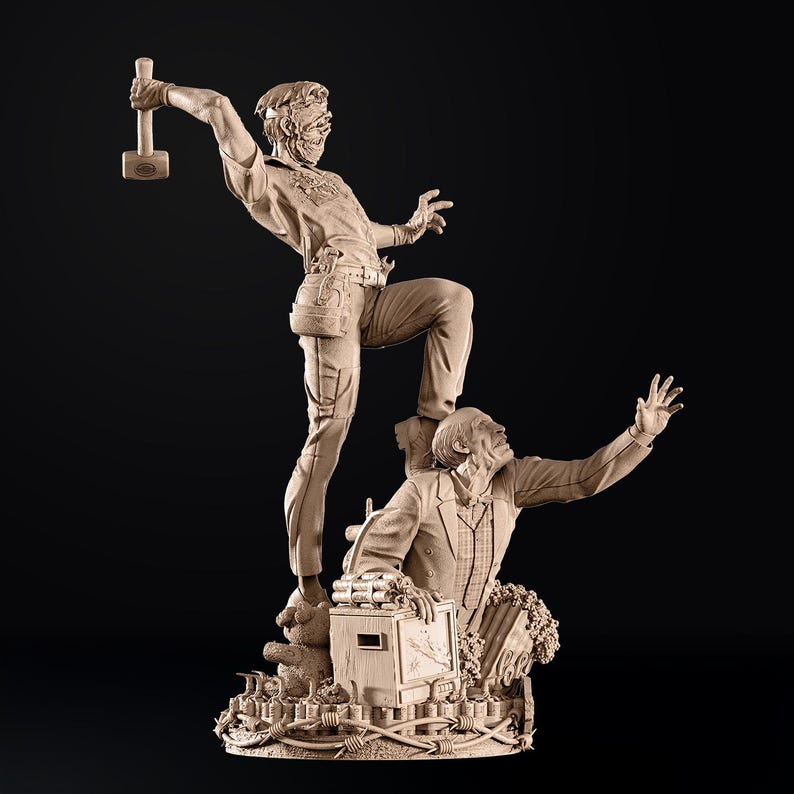 May include: A detailed sculpture depicting two figures in a dynamic pose. One figure, holding a hammer, stands atop another, who reaches upward. The sculpture features intricate details, with a neutral color palette and a dark background.