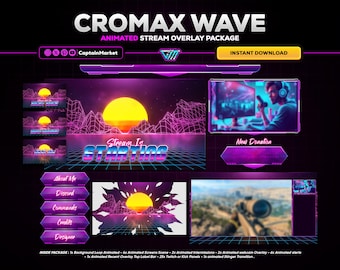 Animated Retrowave Stream Overlay Package, Twitch, YouTube, Kick