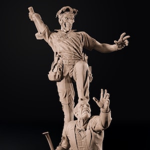 May include: A detailed sculpture of two figures, one standing atop the other. The top figure, in work clothes, has a mask-like face and raised arm. The bottom figure, in a suit, looks up with a distressed expression. The sculpture is in a neutral color against a black background.