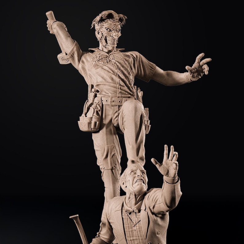 May include: A detailed sculpture of two figures, one standing atop the other. The top figure, in work clothes, has a mask-like face and raised arm. The bottom figure, in a suit, looks up with a distressed expression. The sculpture is in a neutral color against a black background.