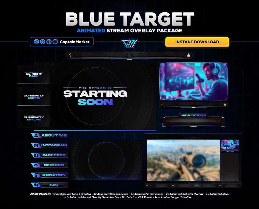 Blue Animated Stream Overlay: Neon Target Design for Twitch, Youtube ...