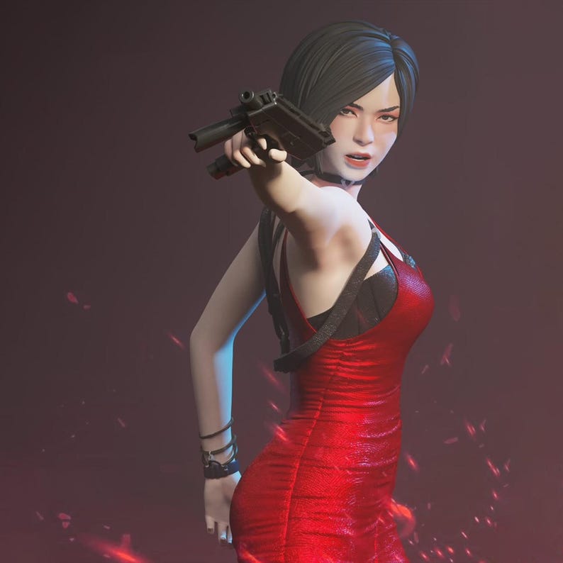 Puede incluir: Una figura de un personaje con cabello oscuro corto que viste un vestido rojo sin mangas y un arn&eacute;s negro, sosteniendo una peque&ntilde;a pistola negra apuntando hacia adelante. La figura lleva una gargantilla, accesorios en la mu&ntilde;eca y un vestido rojo.