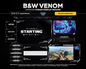 Black & White Venom Animated Stream Overlay Package : Twitch, Kick, Youtube (Digital Download)