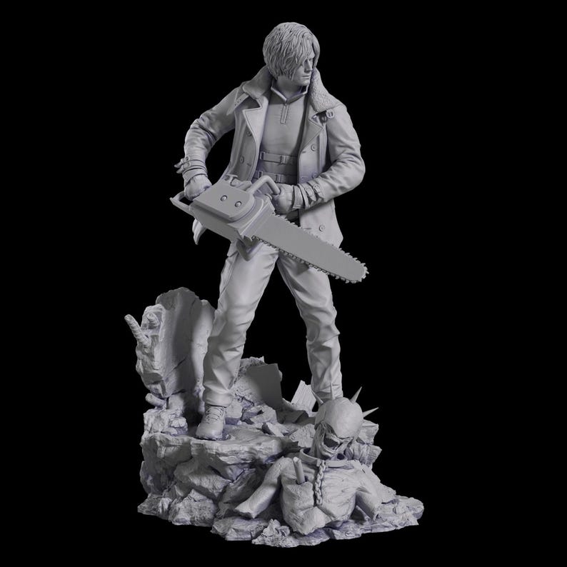 K&ouml;nnte beinhalten: Eine monochrome graue Harzfigur eines Charakters mit Kragenjacke und Hose, der eine Kettens&auml;ge h&auml;lt. Die Figur steht auf einem felsigen Sockel mit einer gefallenen, angeketteten Kreatur mit stacheligem Kopf vor schwarzem Hintergrund.