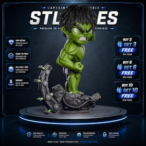 May include: A 3D digital model of a green, muscular, angry-looking character with black hair, standing on a rocky base with mechanical debris. The image includes text such as CAPTAIN, STL FILES, PREMIUM 3D FILES, and various promotional offers.