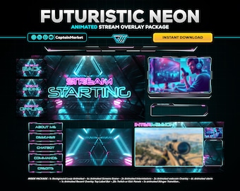 Futuristic Neon Animated Twitch - Kick - Youtube Stream Overlay Pack for OBS & Streamlabs