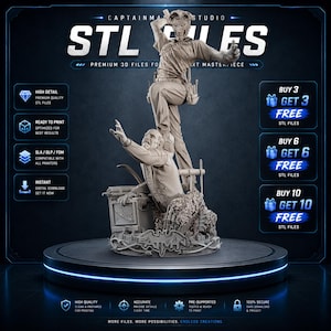 May include: A 3D-printed statue featuring two figures in a dynamic pose, with the text "STL FILES" at the top. The statue is on a circular platform with blue neon lighting. The image also includes promotional text for 3D printing files.