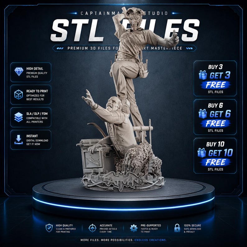 May include: A 3D-printed statue featuring two figures in a dynamic pose, with the text "STL FILES" at the top. The statue is on a circular platform with blue neon lighting. The image also includes promotional text for 3D printing files.