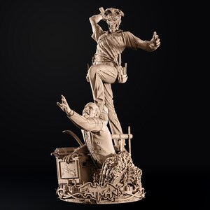 May include: A detailed sculpture of Batman villains, The Joker and The Penguin, in a dynamic pose. The Joker is standing above The Penguin. The base features the Batman logo and barbed wire. The sculpture is a neutral beige color.