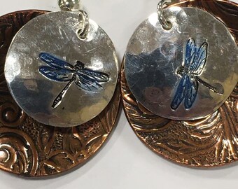 Blue Dragonfly Earrings Mixed Metal Sterling Copper Visit From Heaven