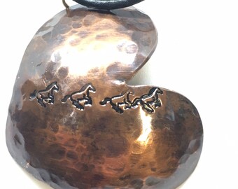 Heart Copper Necklace Running Horse Dark Patina Reining Horse Choker Rodeo Jewelry Western Style