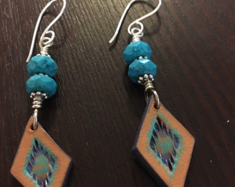 Turquoise Leather Earrings Hand Stamped Hand Painted Sterling Wire Wrapped Cowgirl Style