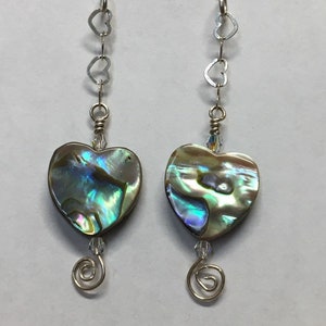 Abalone Sterling Earrings Bohemian Dangle Heart With Heart Chain Natural Jewelry