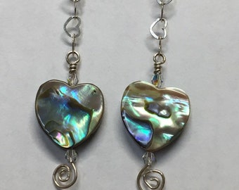 Abalone Sterling Earrings Bohemian Dangle Heart With Heart Chain Natural Jewelry