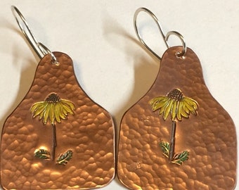 Echinacea Earrings Ear Tag Copper Cattle Western Style Hand Painted Farm Girl