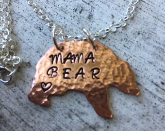 Mama Bear Necklace Copper or Nickel Silver With Sterling Soldered Jumpring And Chain