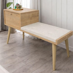 Scarpiera, panca da ingresso in legno con cassetto portaoggetti, seduta imbottita, moderna panca da ingresso in legno, mobili per piccoli spazi.