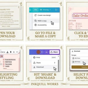Peut inclure: Un guide &eacute;tape par &eacute;tape pour un formulaire de commande de g&acirc;teau, montrant comment ouvrir, copier, modifier et t&eacute;l&eacute;charger. Le guide utilise des captures d'&eacute;cran de l'interface Canva, avec les options 'Fichier', 'Partager' et 'T&eacute;l&eacute;charger'.