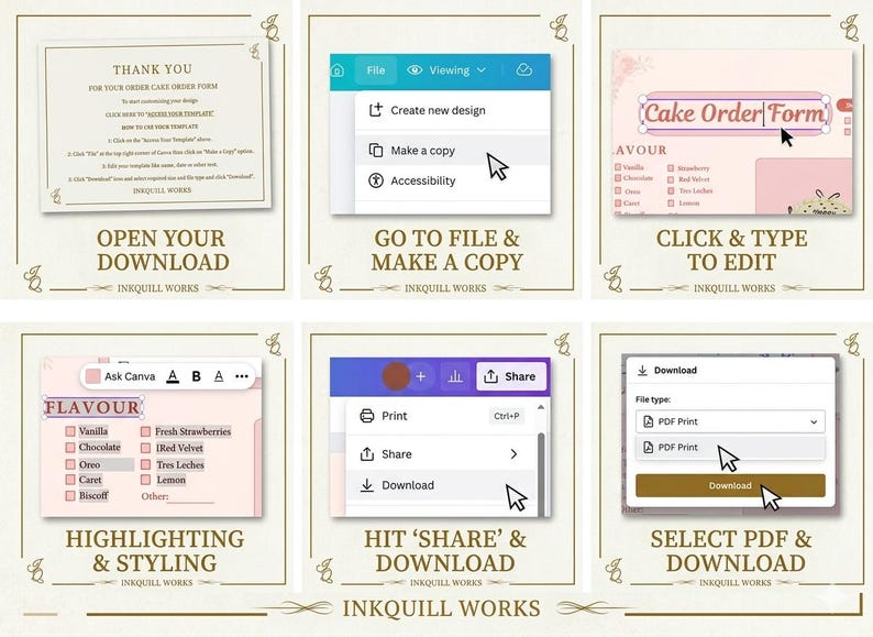 Peut inclure: Un guide &eacute;tape par &eacute;tape pour un formulaire de commande de g&acirc;teau, montrant comment ouvrir, copier, modifier et t&eacute;l&eacute;charger. Le guide utilise des captures d'&eacute;cran de l'interface Canva, avec les options 'Fichier', 'Partager' et 'T&eacute;l&eacute;charger'.