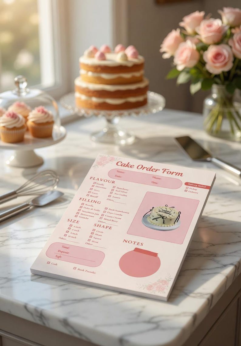 Peut inclure: Un formulaire de commande de g&acirc;teau rose clair avec des accents floraux, comprenant des sections pour la saveur, la garniture, la taille et la forme. Une illustration de g&acirc;teau est incluse. Des cupcakes et un g&acirc;teau &agrave; &eacute;tages sont &eacute;galement visibles.