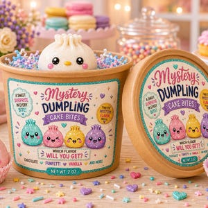 May include: A round cardboard container labelled Mystery Dumpling Cake Bites with a white dumpling character on top. The container features colourful illustrations of smiling dumplings and text including Net Wt. 2 oz. Two additional dumpling treats sit in paper liners.