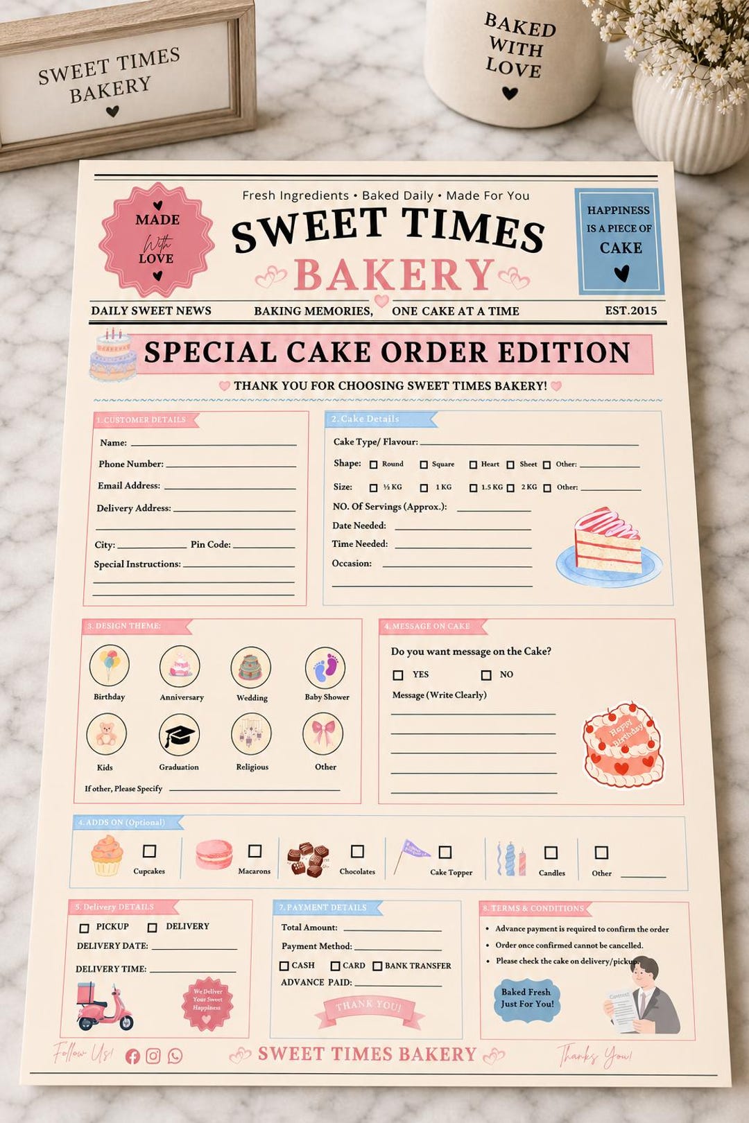 Editable Cake Order Form Template | Newspaper Style Bakery Counter ...