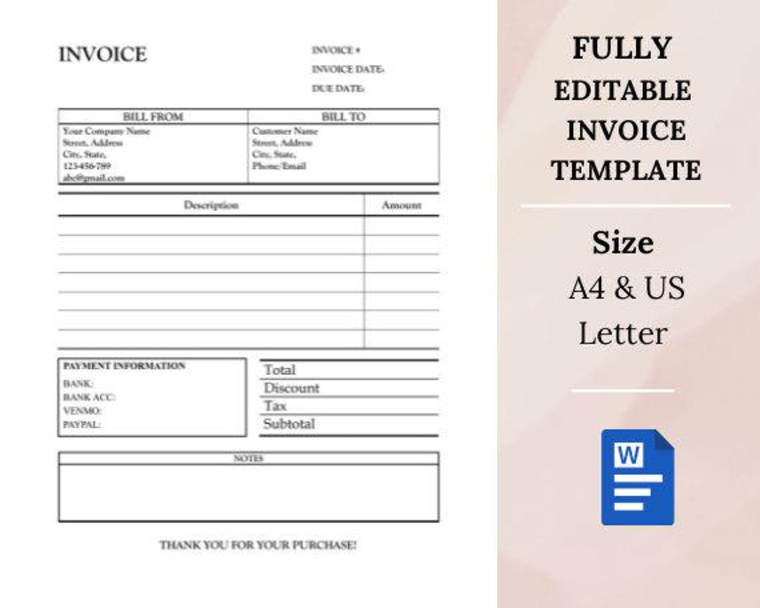Editable Invoice Template – Minimalist Business, Small Business (A4/US ...