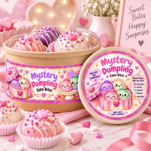 Peut inclure: Un récipient rond en carton pour Mystery Dumpling Cake Bites avec son couvercle assorti. Le contenant présente des graphismes colorés de boulettes souriantes et du texte. À l'intérieur, plusieurs gâteaux ronds avec glaçage et confettis.