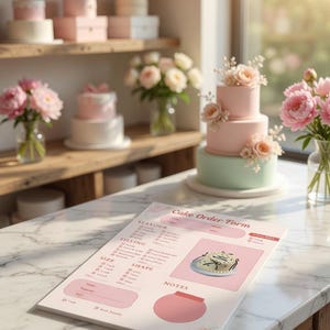 Peut inclure: Un g&acirc;teau &agrave; trois &eacute;tages rose et vert menthe, orn&eacute; de fleurs, est pos&eacute; sur un comptoir en marbre. Un formulaire de commande de g&acirc;teau est au premier plan. Le formulaire comprend des sections pour la saveur, la garniture, la taille et la forme.