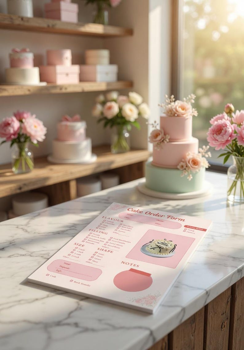 Peut inclure: Un g&acirc;teau &agrave; trois &eacute;tages rose et vert menthe, orn&eacute; de fleurs, est pos&eacute; sur un comptoir en marbre. Un formulaire de commande de g&acirc;teau est au premier plan. Le formulaire comprend des sections pour la saveur, la garniture, la taille et la forme.
