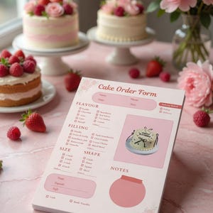 Peut inclure: Un bloc de formulaires de commande de g&acirc;teaux roses et blancs avec des accents floraux. Le formulaire comprend des sections pour la saveur, la garniture, la taille et la forme. Des g&acirc;teaux d&eacute;cor&eacute;s de fleurs et de baies sont en arri&egrave;re-plan.