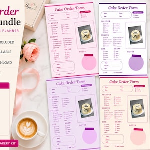 May include: A bundle of cake order forms with a bakery business planner theme. The forms are in pink and purple, with sections for flavor, filling, size, and shape. The image includes a coffee cup, flowers, and a notebook.
